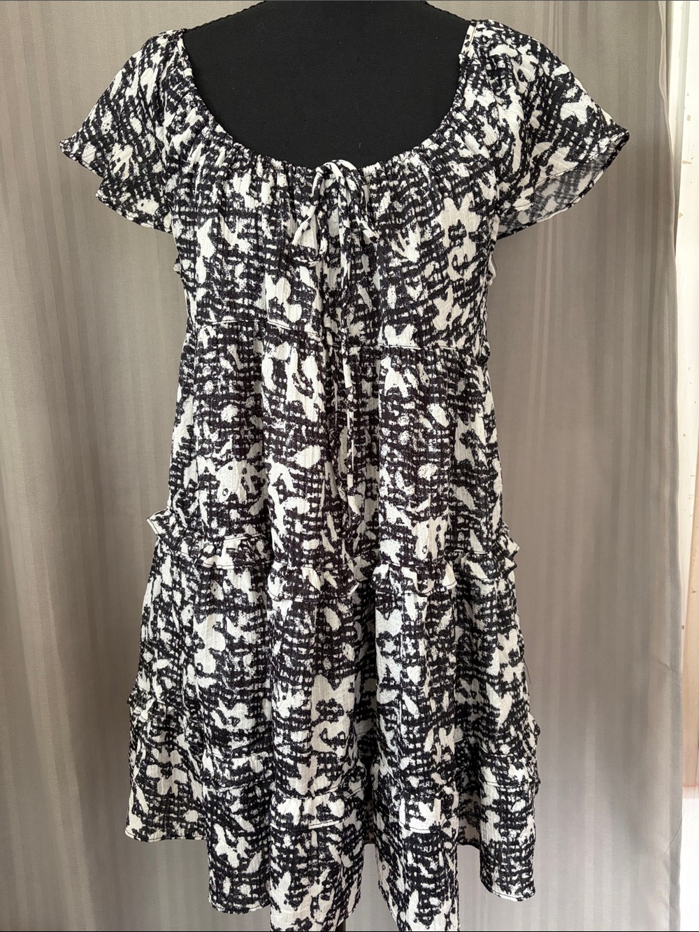 Urban Outfitters Black & White Printed Ruffle Mini Dress